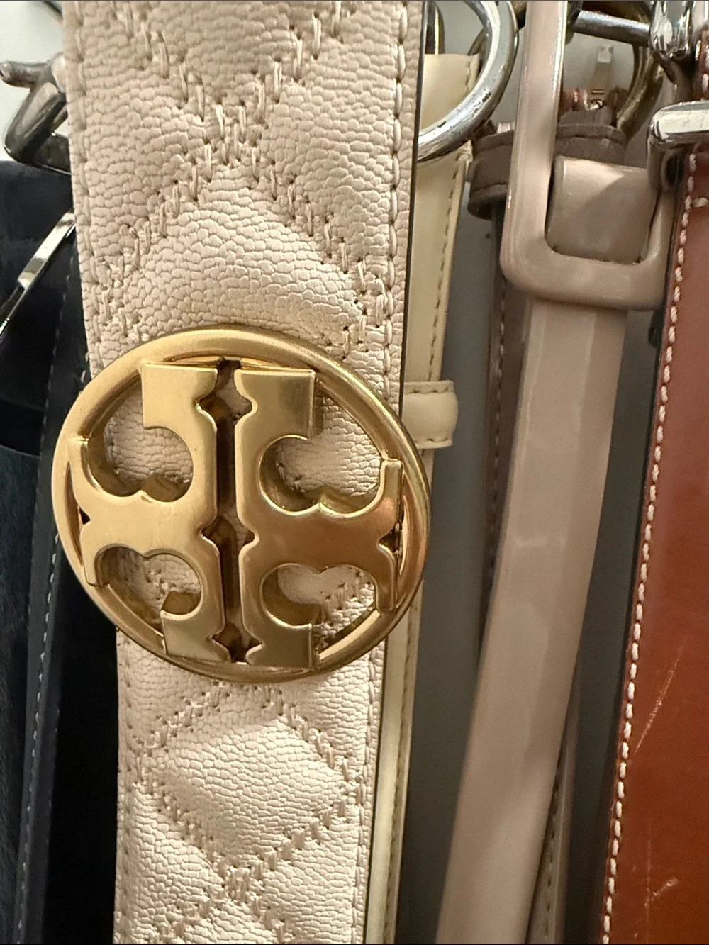 Tory Burch Cream Quilted Leather Crossbody Strap with Gold Logo